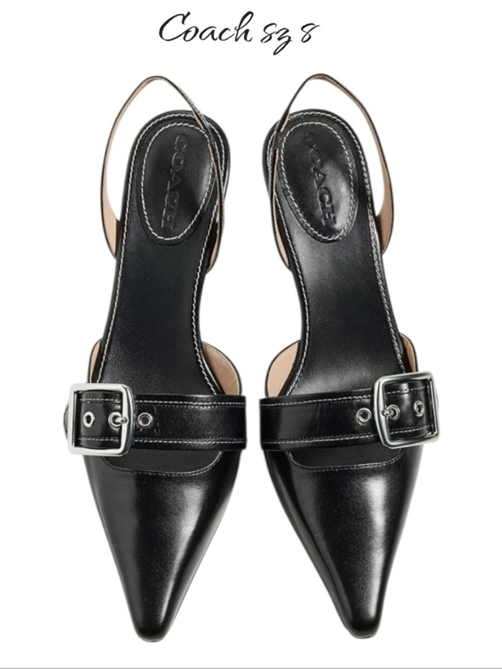 COACH Black Leather Margot Slingback Kitten Heel Buckle Pointed Toe Pump 8 NEW